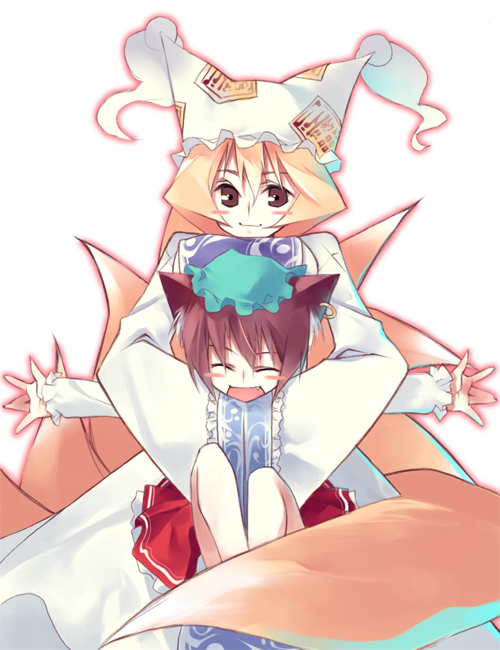 ooba kagerou, chen, yakumo ran, touhou, 2girls, animal ears, animal hat, blonde hair, brown eyes, brown hair, cat ears, cat girl, cat tail, closed eyes, earrings, fang, female focus, fox tail, hat, hug, jewelry, long sleeves, mob cap, multiple girls, multiple tails, short hair, single earring, smile, tail, tassel, white background, wide sleeves