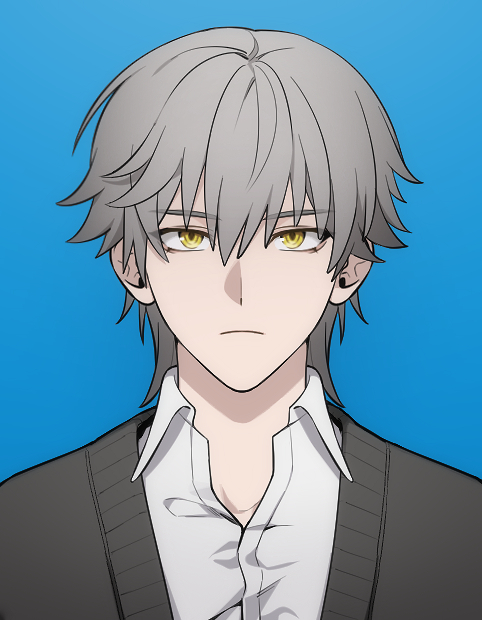 fumei20220904, caelus (honkai: star rail), trailblazer (honkai: star rail), honkai (series), 1boy, alternate costume, black sweater, blue background, closed mouth, collared shirt, fingernails, grey hair, hair between eyes, looking at viewer, male focus, shirt, short hair, simple background, sweater, teeth, upper body, white shirt, yellow eyes