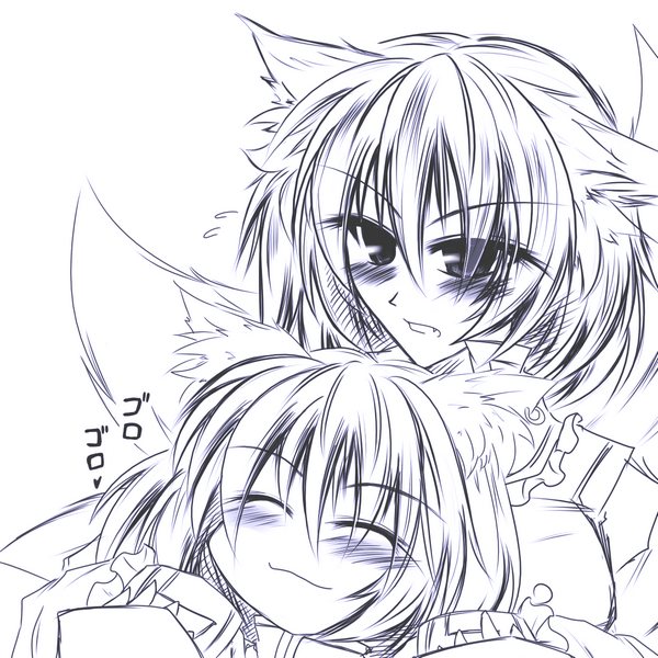 chen, yakumo ran, touhou, 2girls, animal ears, blush, cat ears, cat girl, earrings, fang, female focus, fox ears, happy, jewelry, monochrome, multiple girls, purple theme, short hair
