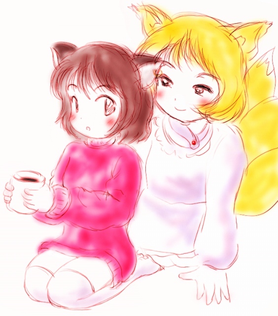 chen, yakumo ran, touhou, 2girls, :o, alternate costume, animal ears, blonde hair, blush, brown eyes, brown hair, cat ears, cat girl, cat tail, closed mouth, female focus, fox ears, fox tail, gem, jewelry, long sleeves, multiple girls, multiple tails, necklace, no headwear, parted lips, pendant, seiza, short hair, simple background, sitting, smile, smirk, tail, thighhighs, white background, zettai ryouiki