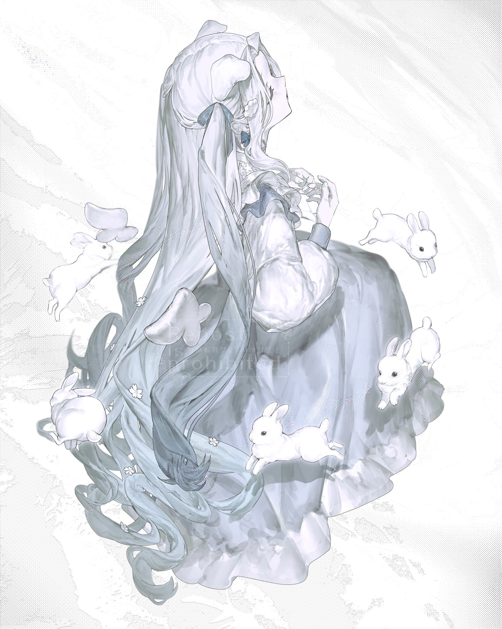 xoxzxox, original, highres, 1girl, animal ears, blue dress, blue ribbon, closed eyes, curtained hair, dress, flower, full body, hair ribbon, long hair, pale color, parted bangs, parted hair, puffy sleeves, rabbit, ribbon, solo, very long hair, watermark