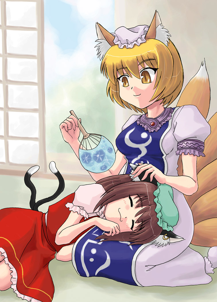 sasuke (sasuke no sato), chen, yakumo ran, touhou, 2girls, :3, alternate headwear, animal ears, blonde hair, brown hair, cat ears, cat girl, cat tail, earrings, female focus, fox ears, fox tail, hand fan, hat, jewelry, lap pillow, mob cap, multiple girls, multiple tails, paper fan, short hair, short sleeves, shouji, sliding doors, smile, surcoat, tail, uchiwa, yellow eyes