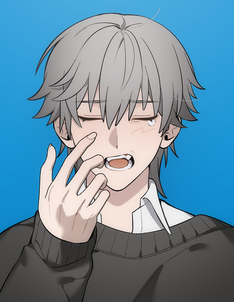 fumei20220904, caelus (honkai: star rail), trailblazer (honkai: star rail), honkai: star rail, honkai (series), 1boy, alternate costume, black sweater, blue background, blush, closed eyes, collared shirt, fangs, fingernails, grey hair, hair between eyes, long sleeves, male focus, open mouth, puffy long sleeves, puffy sleeves, shirt, short hair, simple background, sleepy, sweater, tearing up, teeth, upper body, white shirt