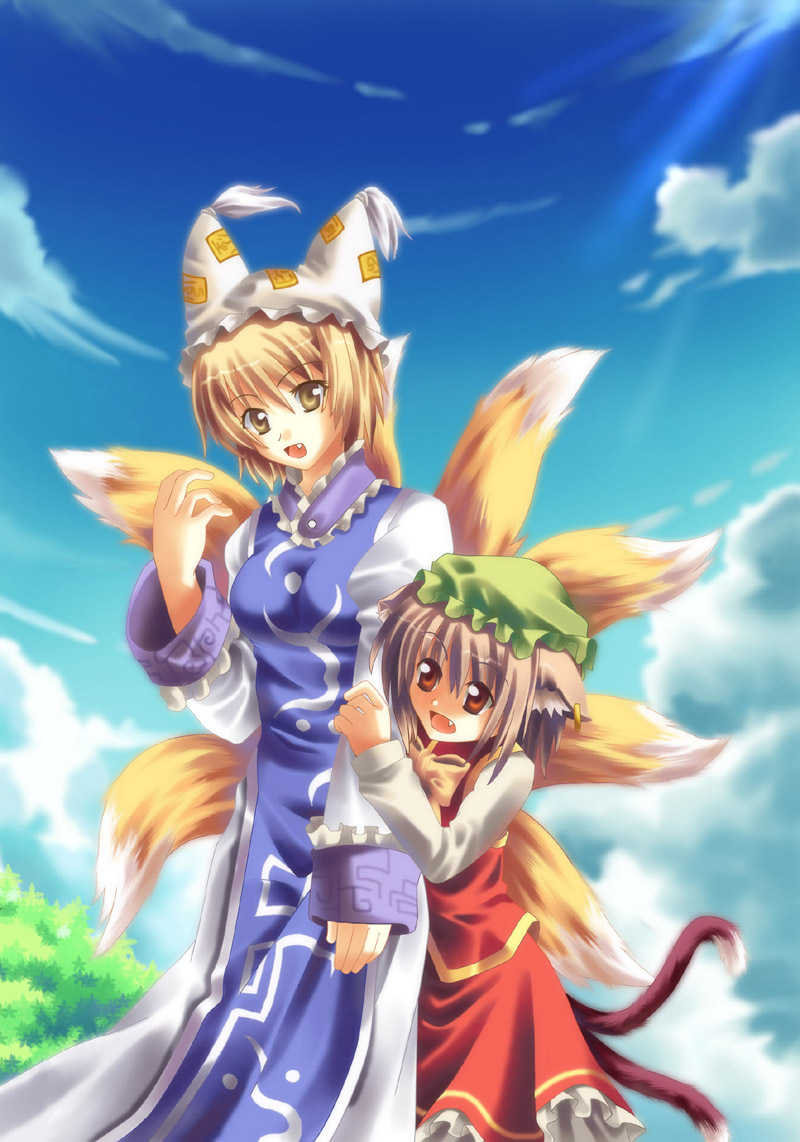 chen, yakumo ran, touhou, 2girls, animal ears, animal hat, blonde hair, blue sky, brown eyes, brown hair, cat ears, cat girl, cat tail, cloud, day, earrings, fang, female focus, fox tail, hat, jewelry, long sleeves, mob cap, multiple girls, multiple tails, open mouth, short hair, sky, surcoat, tabard, tail, tassel, yellow eyes