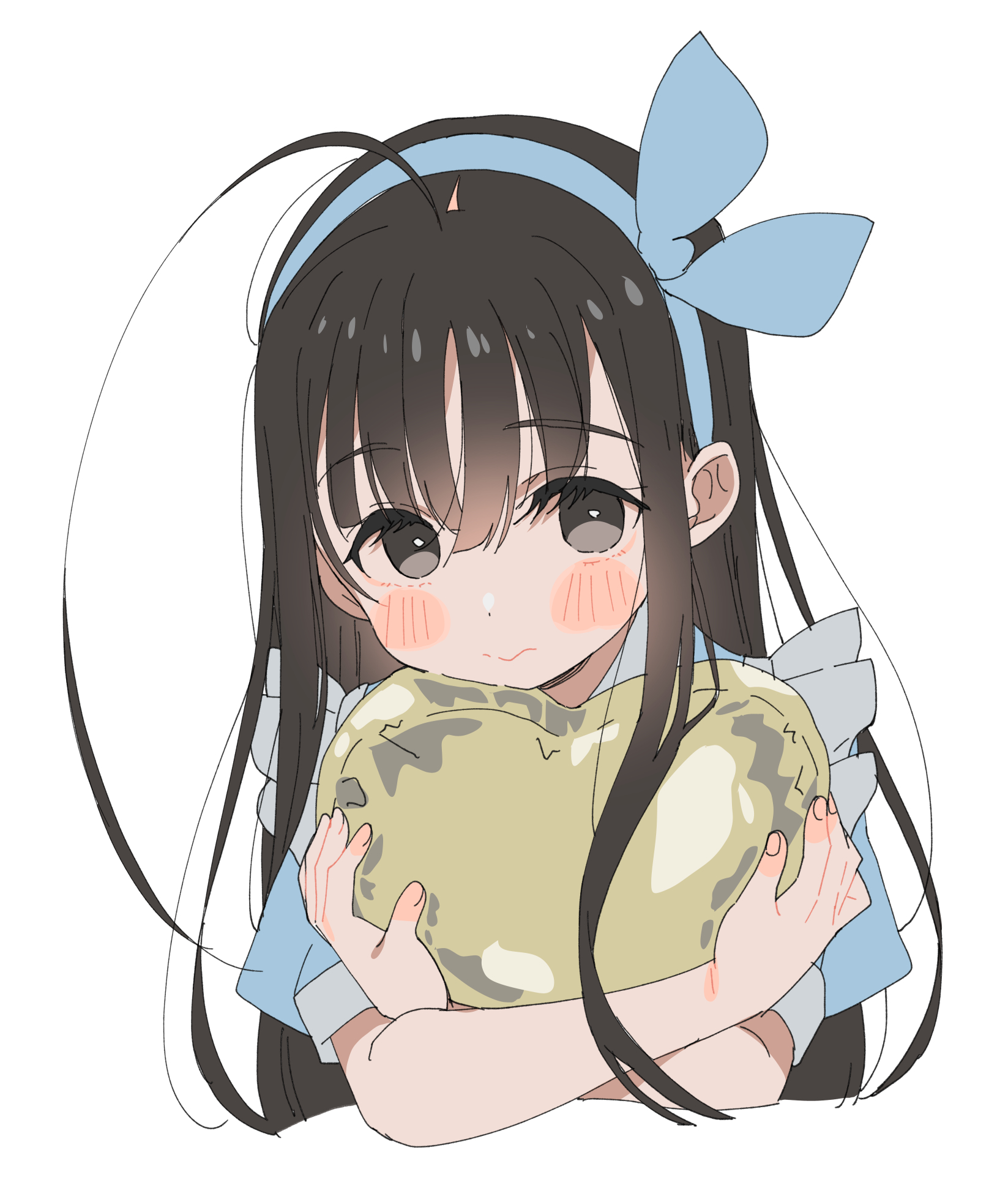 meito (maze), tachikawa nobuo, ts loli oji-san no boukan, highres, 1girl, ahoge, black eyes, black hair, blue dress, blue hairband, blush stickers, bow hairband, closed mouth, dress, hairband, huge ahoge, hugging object, long hair, looking at viewer, puffy short sleeves, puffy sleeves, short sleeves, simple background, solo, upper body, white background