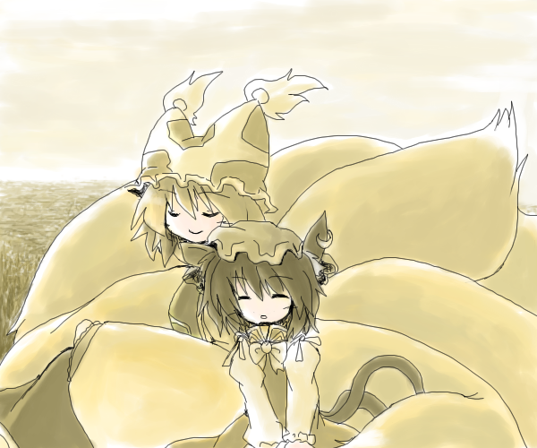 chen, yakumo ran, touhou, 2girls, animal ears, animal hat, cat ears, cat girl, cat tail, closed eyes, earrings, female focus, fox tail, hat, jewelry, long sleeves, mob cap, monochrome, multiple girls, multiple tails, sepia, short hair, single earring, sleeping, tail, tassel