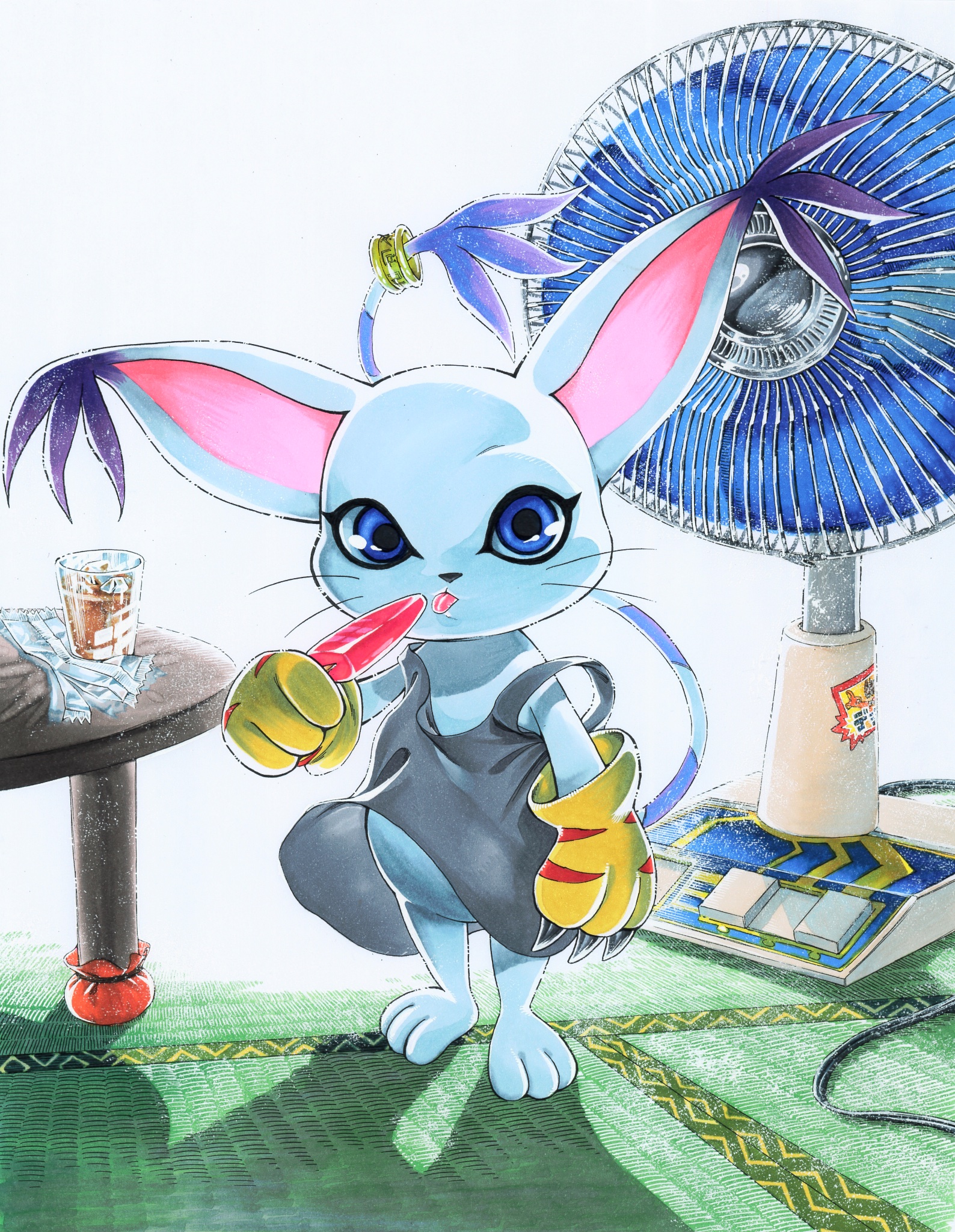 miura satoru, tailmon, digimon, highres, black tank top, blue eyes, cat, digimon (creature), electric fan, food, full body, holding, holding food, holding popsicle, indoors, popsicle, solo, standing, summer, tank top, tongue, tongue out