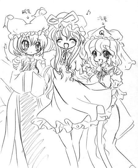 saigyouji yuyuko, yakumo ran, yakumo yukari, touhou, 3girls, animal hat, female focus, fox tail, greyscale, hands in opposite sleeves, hat, long hair, long sleeves, mob cap, monochrome, multiple girls, short hair, tail, tassel, white background, wide sleeves