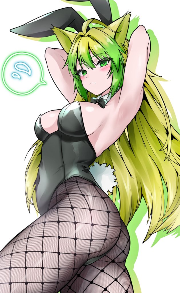 satou nui, atalanta (fate), fate/apocrypha, fate (series), 1girl, animal ears, armpits, arms behind head, arms up, ass, bare shoulders, black leotard, blonde hair, blush, braid, breasts, brown pantyhose, cat ears, cleavage, detached collar, fake animal ears, fishnet pantyhose, fishnets, gradient hair, green eyes, green hair, highleg, highleg leotard, leotard, long hair, looking at viewer, medium breasts, multicolored hair, pantyhose, playboy bunny, rabbit ears, rabbit tail, solo, tail, thighs