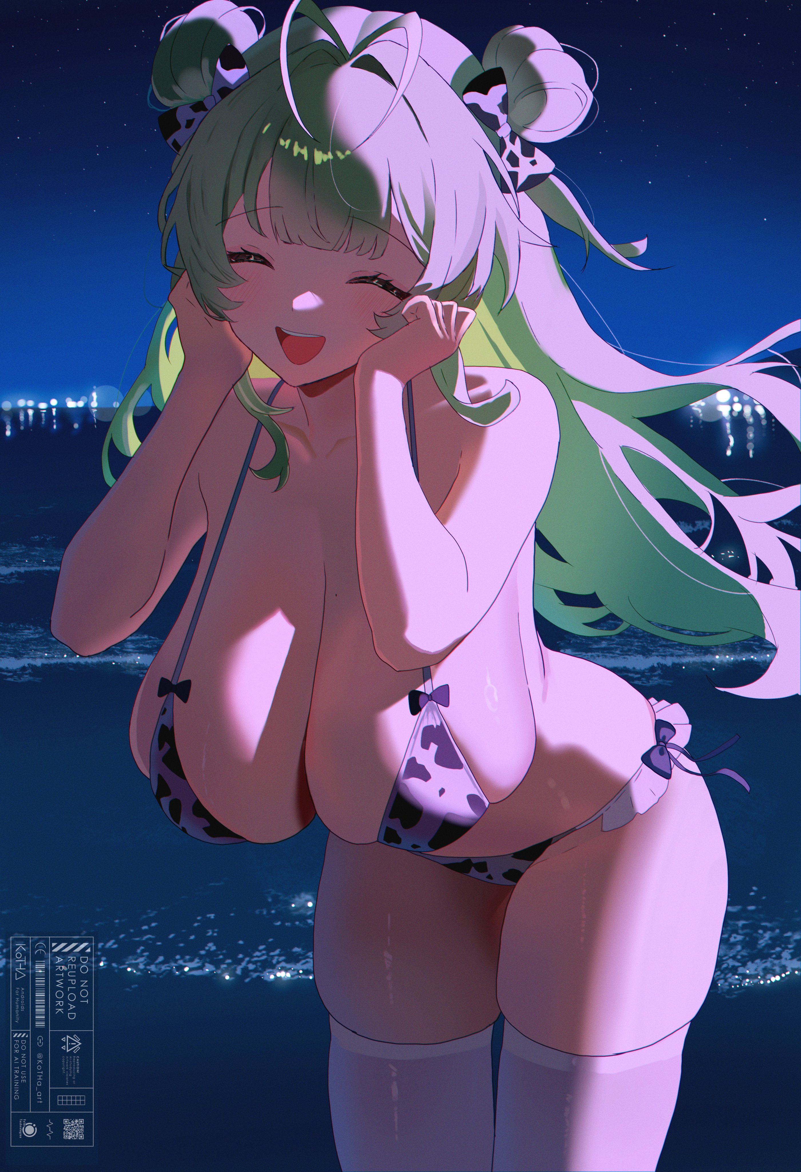 kotha art, soda (nikke), goddess of victory: nikke, absurdres, hashtag-only commentary, highres, 1girl, :d, animal print, antenna hair, artist name, bikini, blurry, bokeh, bow, breasts, cleavage, closed eyes, cow print, cowboy shot, depth of field, double bun, green hair, hair bow, hair bun, hands on own cheeks, hands on own face, hanging breasts, huge breasts, long hair, night, night sky, ocean, open mouth, outdoors, ribbon trim, sidelocks, skindentation, sky, smile, solo, swimsuit, teeth, thighhighs, two side up, upper teeth only, watermark, white bikini, white thighhighs