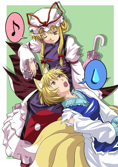 haniwa (leaf garden), yakumo ran, yakumo yukari, touhou, 2girls, animal ears, blonde hair, bow, closed umbrella, female focus, fox ears, fox tail, gap (touhou), green background, hair bow, hair up, hat, hat ribbon, lap pillow, long sleeves, mob cap, multiple girls, multiple tails, musical note, no headwear, one eye closed, open mouth, quaver, ribbon, short hair, smile, speech bubble, spoken musical note, spoken sweatdrop, sweatdrop, tabard, tail, torn clothes, torn sleeves, umbrella, wide sleeves, yellow eyes