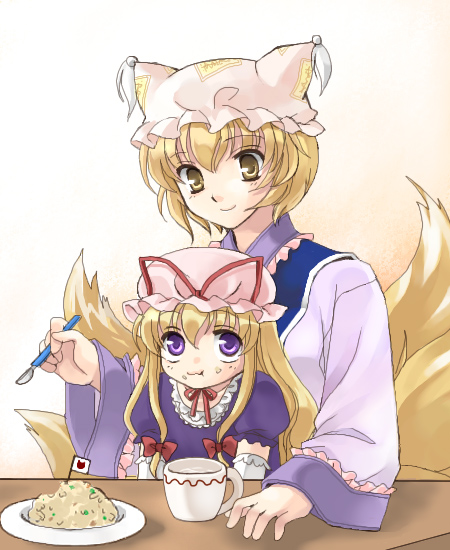 coco (artist), yakumo ran, yakumo yukari, yakumo yukari (young), touhou, 2girls, aged down, animal hat, blonde hair, cup, eating, female focus, food, food on face, fox tail, frills, hat, hat ribbon, height difference, long hair, long sleeves, looking at viewer, mob cap, multiple girls, multiple tails, ribbon, rice, short hair, short sleeves, tabard, table, tail, tassel, time paradox, wide sleeves