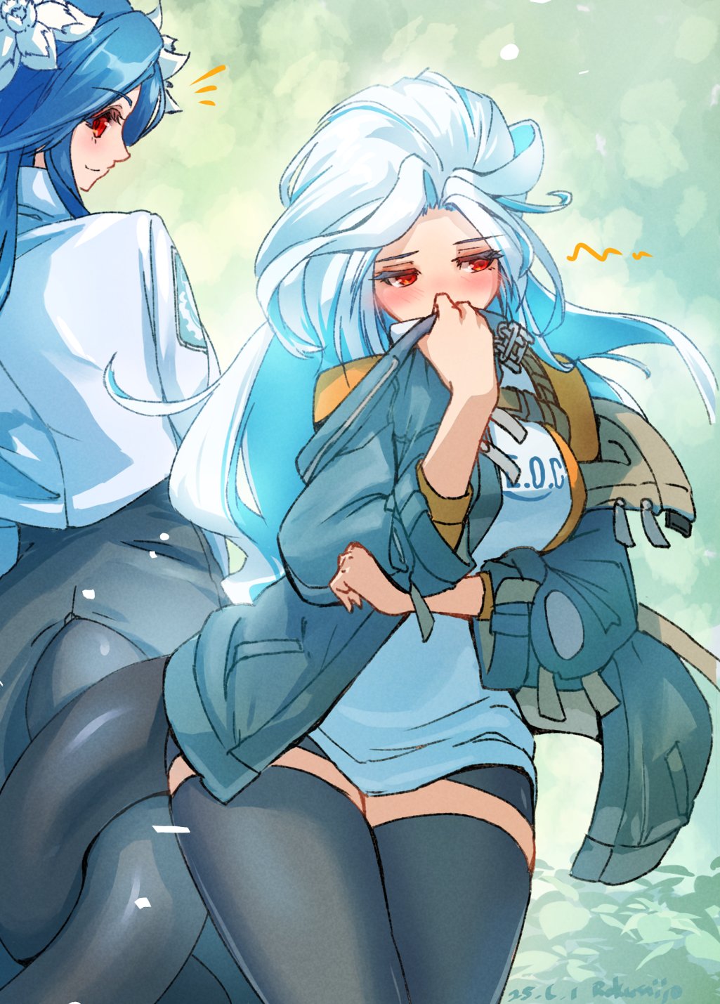 rokusuijo, dizzy (guilty gear), queen dizzy, unika (guilty gear), guilty gear, guilty gear strive, commentary request, highres, 2girls, artist name, bike shorts, black dress, black thighhighs, blue hair, blue jacket, blush, breasts, dated, dress, embarrassed, flower, hair flower, hair ornament, hugging another's tail, hugging tail, jacket, large breasts, long hair, looking back, mother and daughter, multiple girls, red eyes, sidelocks, smile, swept bangs, tail, tail wrap, thick eyelashes, thick thighs, thighhighs, thighs, zettai ryouiki