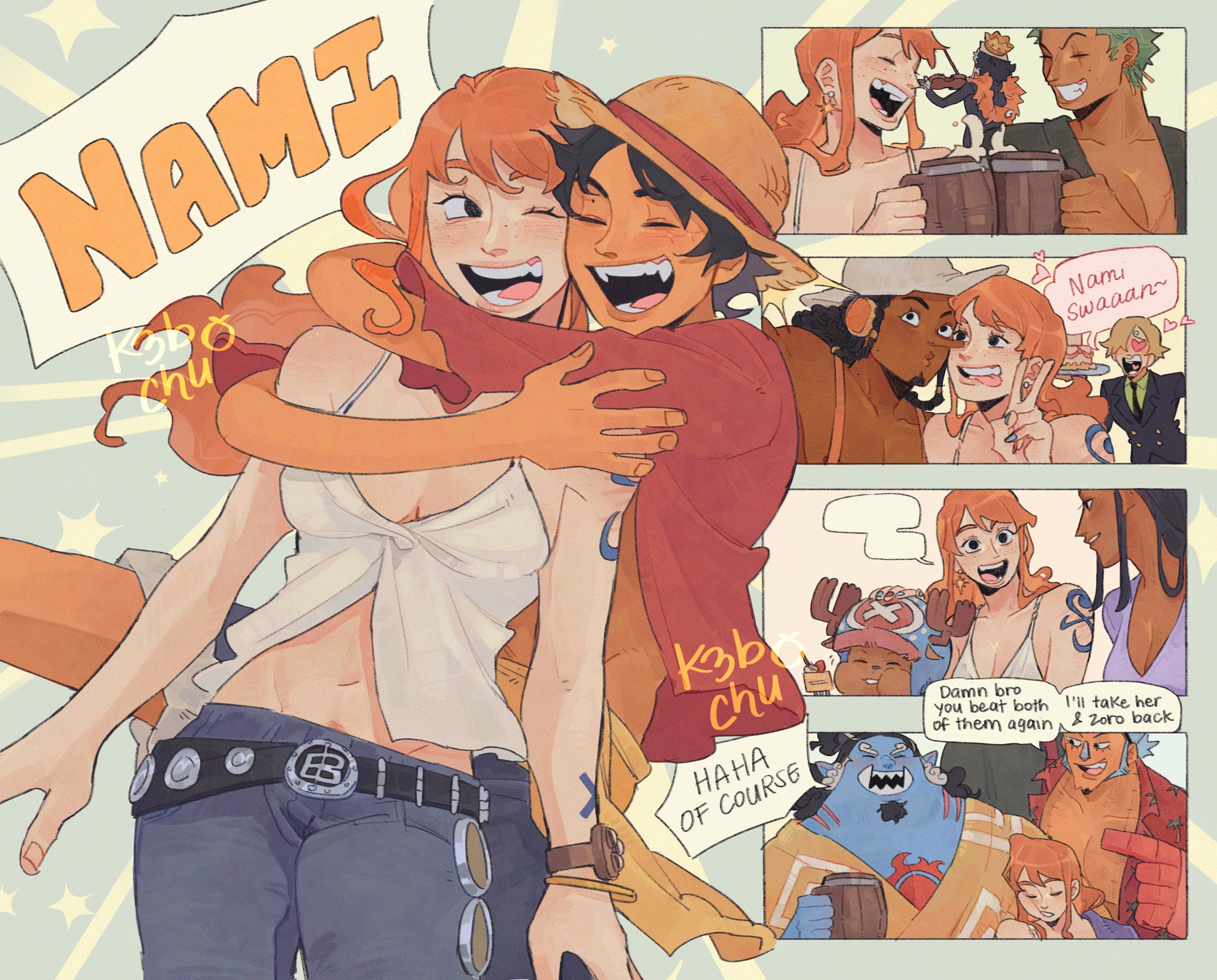 brook (one piece), franky (one piece), jinbe (one piece), monkey d. luffy, nami (one piece), nico robin, roronoa zoro, sanji (one piece), tony tony chopper, usopp, one piece, commentary, english commentary, highres, 2girls, 6+boys, antlers, arms around neck, bangle, bare shoulders, beer mug, belt, belt buckle, birthday, black hair, black jacket, blonde hair, blue hair, blush, bracelet, breasts, buckle, camisole, character name, cleavage, closed eyes, cowboy shot, crown, cup, dark-skinned female, dark-skinned male, dark skin, denim, english text, fangs, fish boy, gold crown, green hair, grin, hat, heart, heart-shaped eyes, holding, holding cup, holding instrument, holding violin, horns, hug, instrument, jacket, jeans, jewelry, keb (k3bchu), log pose, long hair, long nose, looking at another, midriff peek, mug, multiple boys, multiple girls, music, navel, one e, open mouth, orange hair, pants, playing instrument, red shirt, reindeer antlers, reindeer boy, shirt, short hair, shoulder tattoo, smile, spaghetti strap, speech bubble, straw hat, straw hat pirates, tattoo, tongue, tongue out, upper body, v, violin, white camisole