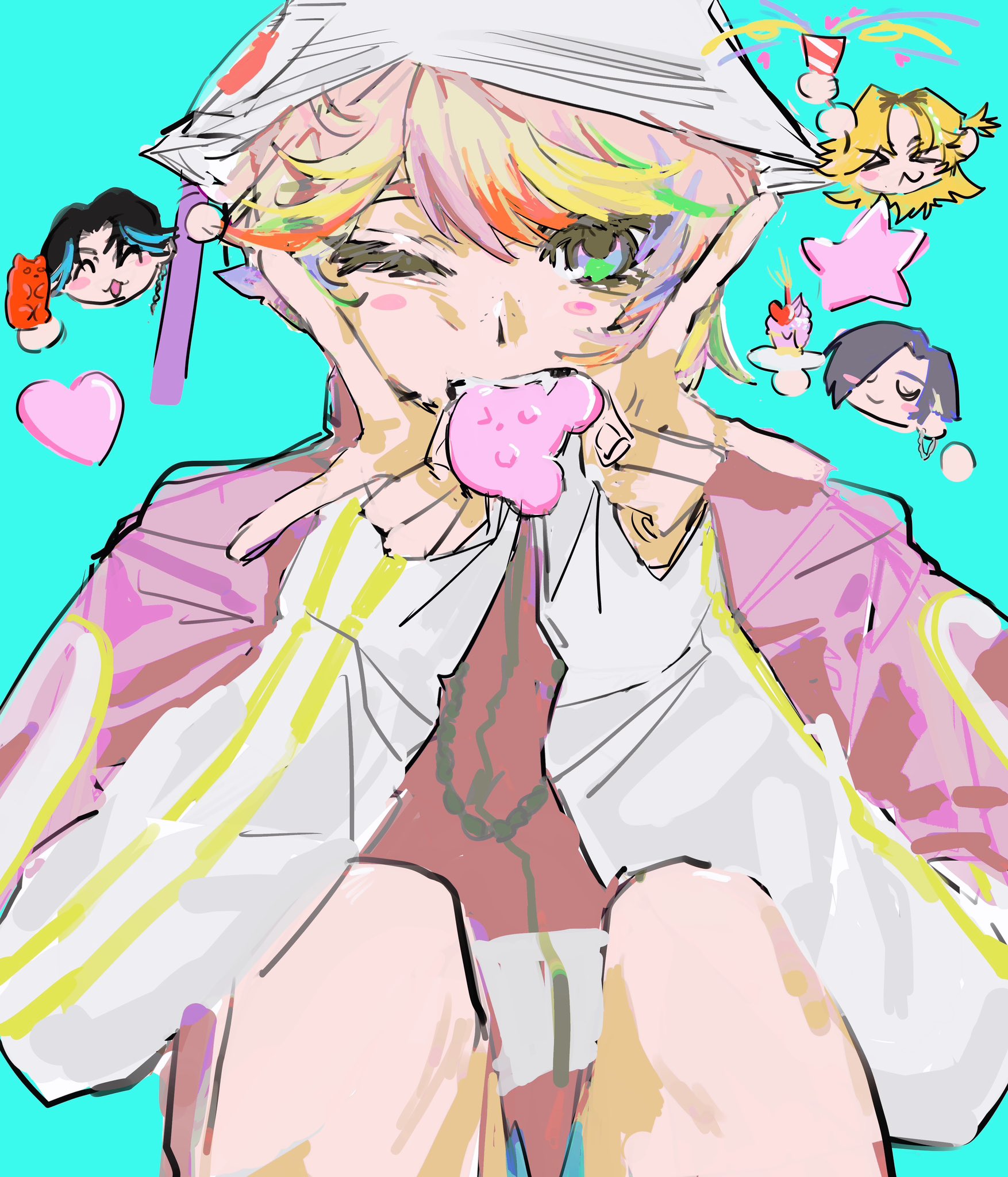 paradox live, highres, 1boy, aqua background, biting, bucket hat, candy, colorful, decora, fang, food, girly boy, gummy bear, hadeko, hair between eyes, hat, heart, hikage toma, holding, jacket, kureha aoi, long sleeves, misuji kantaro, multicolored eyes, party popper, short-sleeved jacket, short sleeves, simple background, solo, swept bangs, thick eyelashes, v, visty (paradox live), yamato shogo, zipper