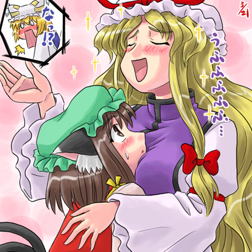 sasuke (sasuke no sato), chen, yakumo ran, yakumo yukari, touhou, lowres, 3girls, animal ears, breasts, cat ears, cat girl, female focus, hat, hug, multiple girls