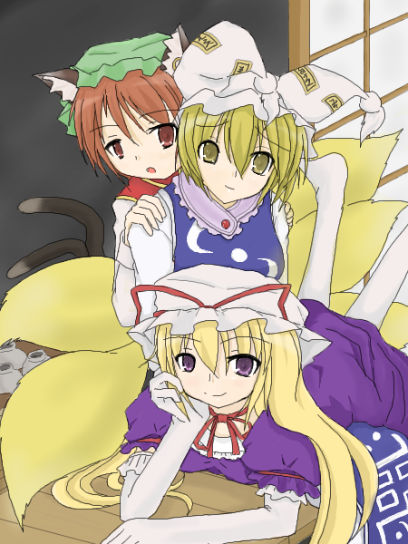 chen, yakumo ran, yakumo yukari, touhou, 3girls, animal ears, animal hat, blonde hair, brown eyes, brown hair, cat ears, cat girl, cat tail, earrings, elbow gloves, female focus, fox tail, gloves, hat, hat ribbon, jewelry, long hair, long sleeves, looking at viewer, mob cap, multiple girls, multiple tails, purple eyes, ribbon, short hair, short sleeves, tail, tassel, yellow eyes