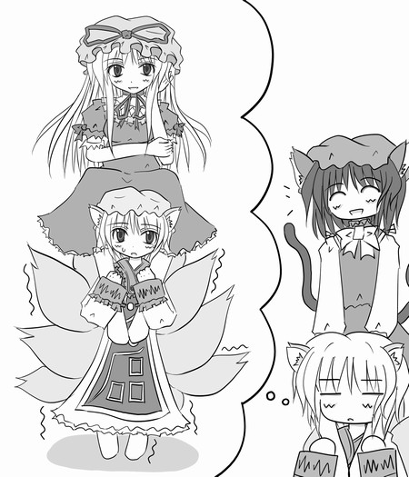 chen, yakumo ran, yakumo yukari, touhou, 3girls, :d, ^ ^, alternate headwear, animal ears, blush, cat ears, cat girl, cat tail, closed eyes, dress, female focus, fox tail, greyscale, hat, hat ribbon, long sleeves, looking at viewer, mob cap, monochrome, multiple girls, multiple tails, nekomata, no headwear, open mouth, ribbon, short hair, simple background, smile, speech bubble, standing, tabard, tail, thinking, thought bubble, two tails, white background