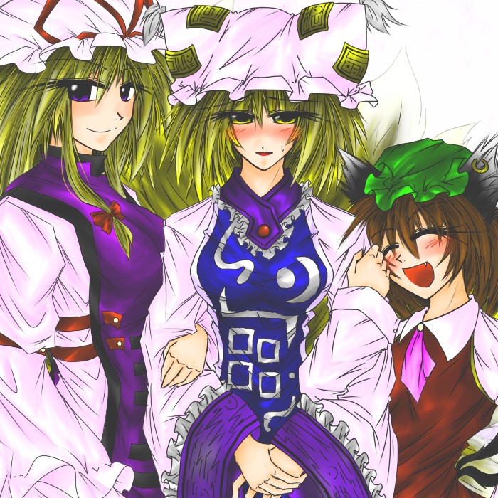 aiba kinoko (aozora), chen, yakumo ran, yakumo yukari, touhou, 3girls, animal ears, animal hat, blonde hair, brown hair, cat ears, cat girl, cat tail, earrings, fang, female focus, fox tail, hair ribbon, hat, jewelry, long hair, long sleeves, looking at viewer, mob cap, multiple girls, multiple tails, open mouth, purple eyes, ribbon, short hair, tail, tassel, white background, wide sleeves, yellow eyes