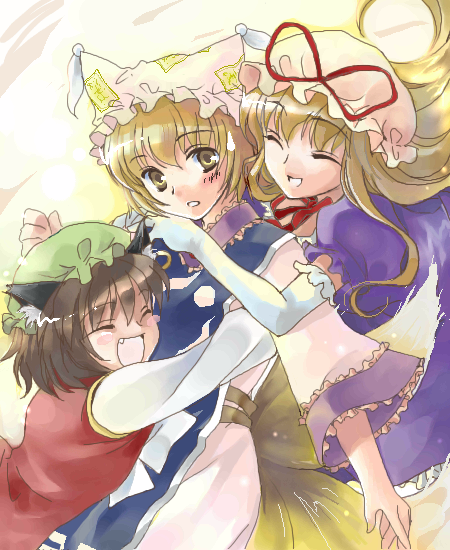 coco (artist), chen, yakumo ran, yakumo yukari, touhou, 3girls, animal ears, animal hat, blonde hair, brown hair, cat ears, cat girl, cat tail, closed eyes, earrings, elbow gloves, fang, female focus, fox tail, girl sandwich, gloves, hat, hug, jewelry, long hair, long sleeves, mob cap, multiple girls, multiple tails, open mouth, sandwiched, short hair, tail, tassel, white gloves, wide sleeves