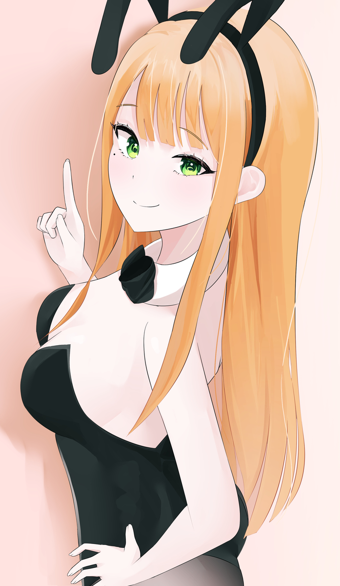 shiun sumika, idolmaster, artist request, 1girl, bare shoulders, black bow, black bowtie, black leotard, black thighhighs, blunt bangs, bow, bowtie, breasts, cleavage, closed mouth, fake rabbit ears, fake tail, gradient background, green eyes, hand on own hip, leotard, long hair, mole, mole under eye, orange background, orange hair, playboy bunny, small breasts, smile, tail, thighhighs, white background, wrist cuffs