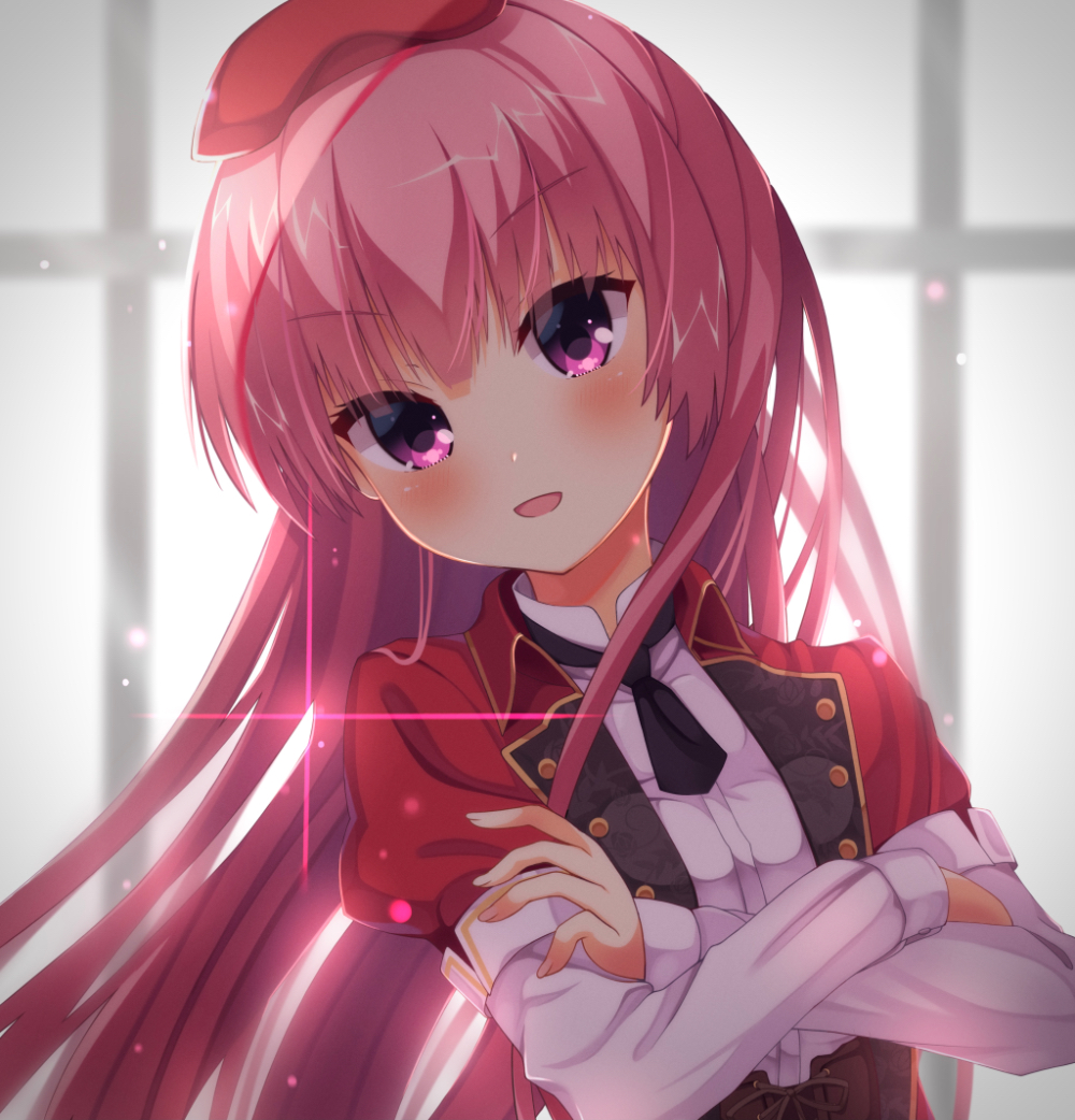 arisakaqwp, mitsukasa ayase, riddle joker, commentary, 1girl, :d, backlighting, beret, black necktie, blunt bangs, blurry, blurry background, blush, crossed arms, eyelashes, eyes visible through hair, grey background, hat, jacket, long hair, long sleeves, looking at viewer, necktie, open clothes, open jacket, open mouth, pink hair, purple eyes, red hat, red jacket, shirt, short necktie, sidelocks, simple background, smile, smug, solo, straight hair, upper body, v-shaped eyebrows, very long hair, white shirt