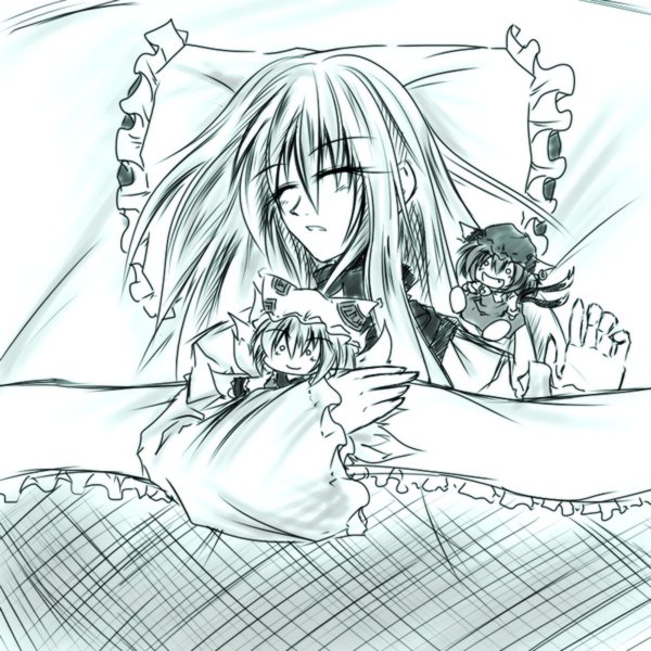 chen, yakumo ran, yakumo yukari, touhou, 1girl, aqua theme, cat tail, character doll, chibi, doll, earrings, fang, female focus, fox tail, hat, jewelry, long hair, monochrome, multiple tails, sleeping, solo, tail
