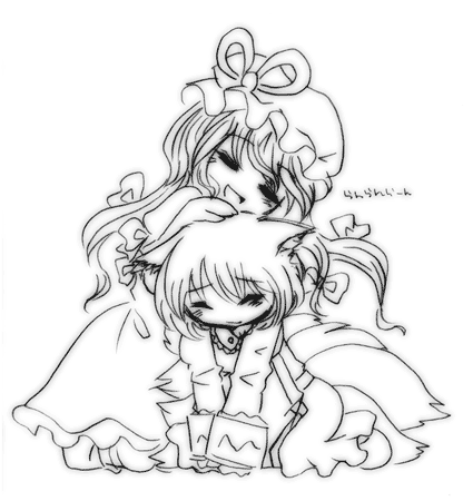 yakumo ran, yakumo yukari, touhou, lowres, 2girls, chibi, dress, female focus, greyscale, hat, monochrome, multiple girls, white background