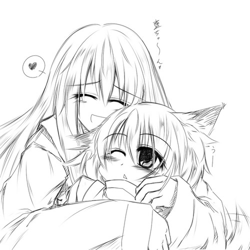 yakumo ran, yakumo yukari, touhou, lowres, 2girls, animal ears, female focus, fox ears, fox tail, greyscale, hug, monochrome, multiple girls, tail, upper body, white background