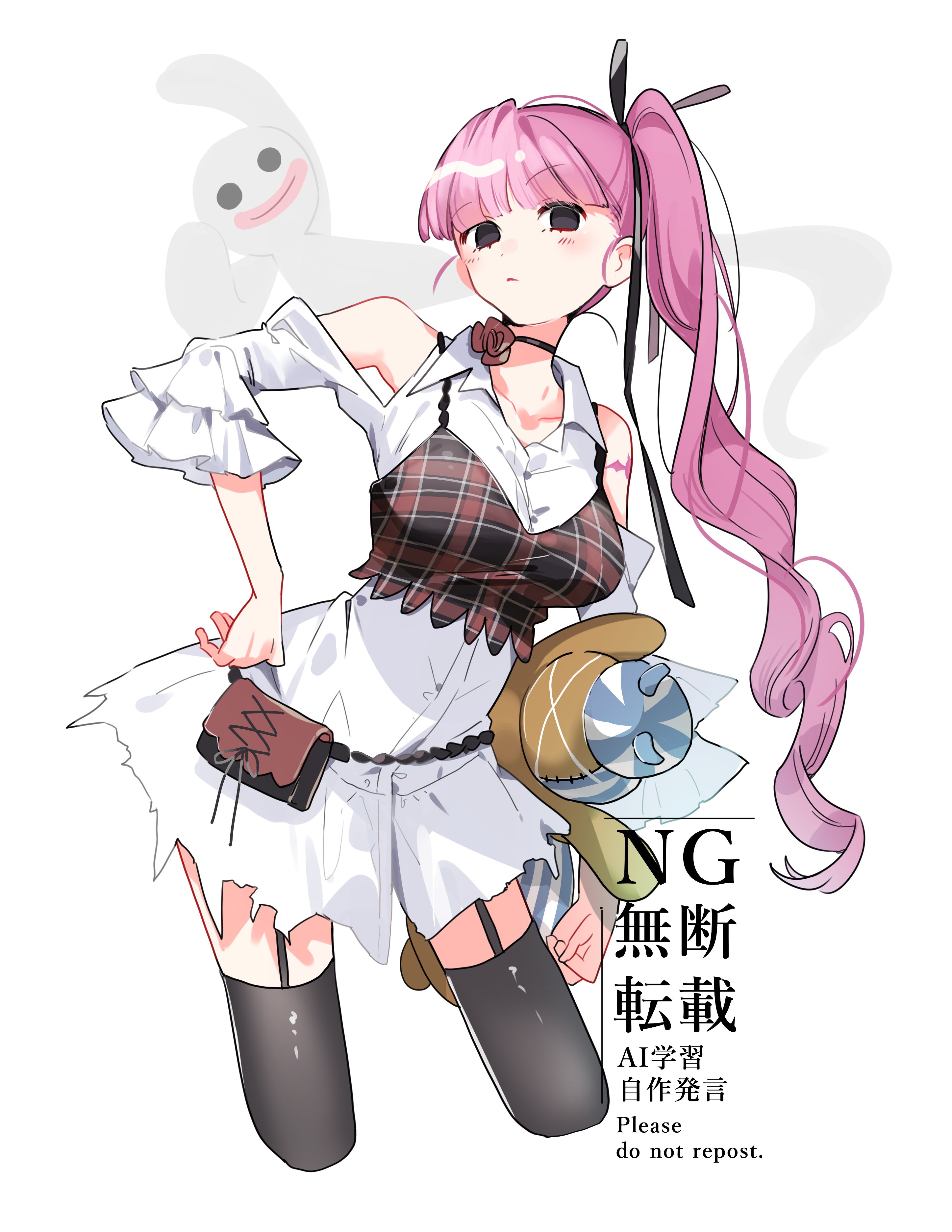 sable2222, perona, one piece, absurdres, commentary request, highres, 1girl, alternate costume, alternate hairstyle, bare shoulders, black choker, black eyes, black thighhighs, blunt bangs, blush, breasts, choker, closed mouth, cropped legs, dress, flower, flower choker, frilled sleeves, frills, garter straps, ghost, large breasts, long hair, looking at viewer, pink hair, red flower, red rose, rose, shirt, side ponytail, solo, thighhighs, white background, white dress, white shirt