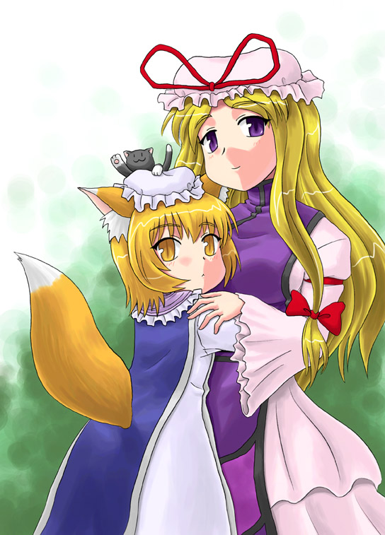 sasuke (sasuke no sato), yakumo ran, yakumo yukari, touhou, 2girls, aged down, animal ears, blonde hair, bow, cat, dress, female focus, fox tail, hair bow, hat, hug, long hair, multiple girls, purple eyes, ribbon, short hair, smile, tabard, tail, time paradox, yellow eyes
