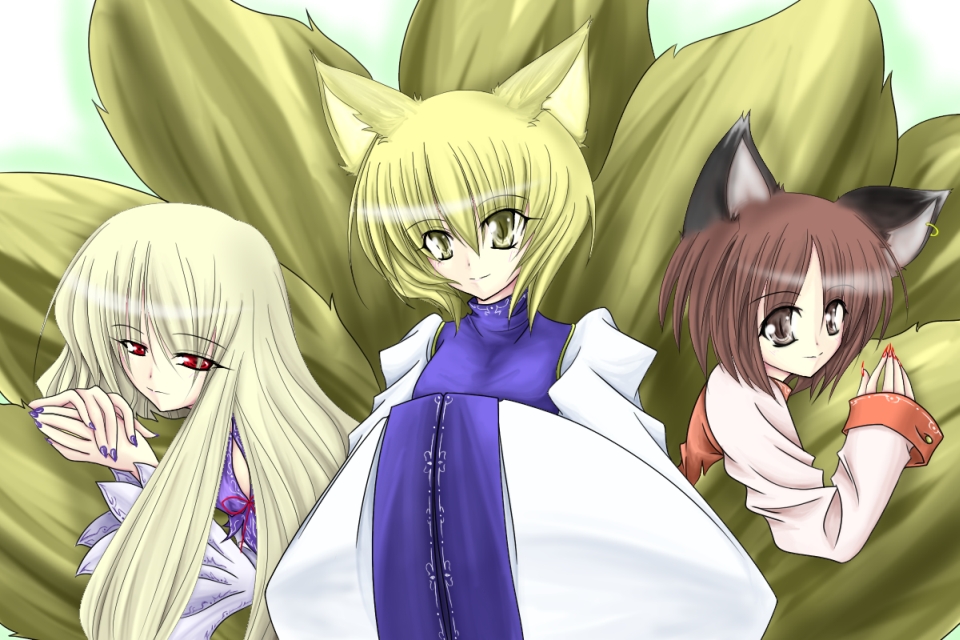 chen, yakumo ran, yakumo yukari, touhou, 3girls, animal ears, blonde hair, brown eyes, brown hair, cat ears, cat girl, cat tail, earrings, female focus, fox ears, fox tail, hug, hugging another's tail, hugging tail, jewelry, long hair, long sleeves, multiple girls, multiple tails, no headwear, red eyes, short hair, tail, wide sleeves, yellow eyes