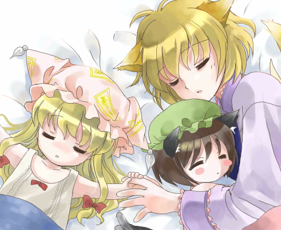 coco (artist), chen, yakumo ran, yakumo yukari, yakumo yukari (young), touhou, 3girls, aged down, animal ears, animal hat, blonde hair, blush stickers, brown hair, cat ears, cat girl, cat tail, child, closed eyes, female focus, fox ears, fox tail, hat, long hair, long sleeves, mob cap, multiple girls, short hair, sleeping, tail, tassel, time paradox, unworn hat, unworn headwear, wide sleeves