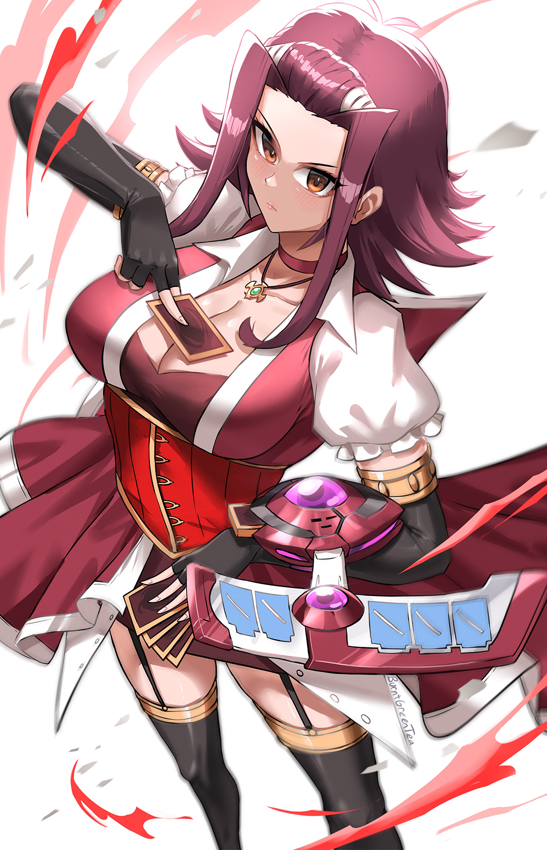 burnt green tea, izayoi aki, yu-gi-oh!, yu-gi-oh! 5d's, highres, 1girl, black gloves, breasts, card, cleavage, cowboy shot, dress, duel disk, fingerless gloves, gloves, holding, holding card, large breasts, red dress, red eyes, red hair, solo, trading card