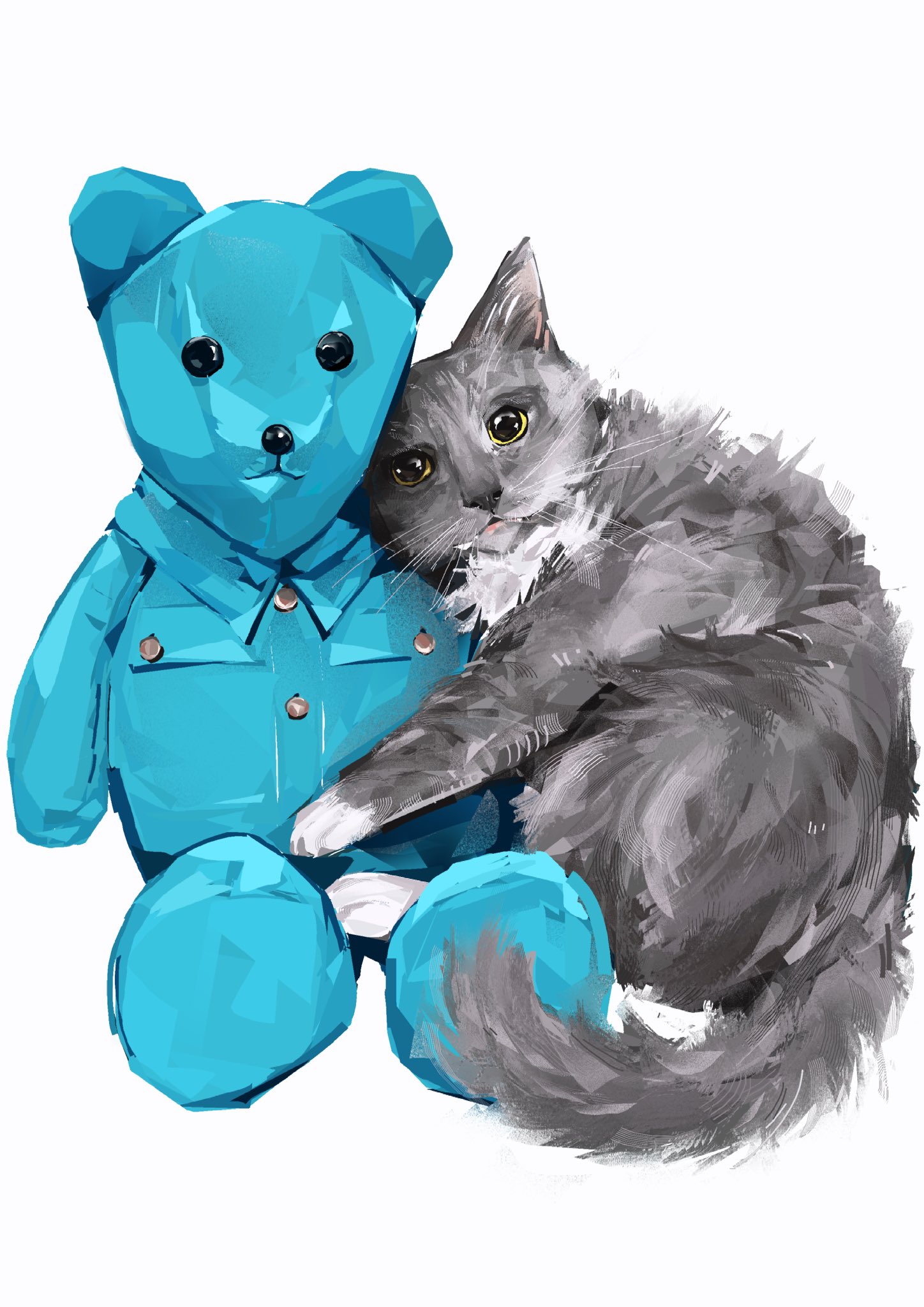 junbuug, original, commentary, english commentary, highres, animal focus, british shorthair, cat, full body, holding, holding stuffed toy, hug from side, no humans, painterly, simple background, stuffed animal, stuffed toy, teddy bear, white background