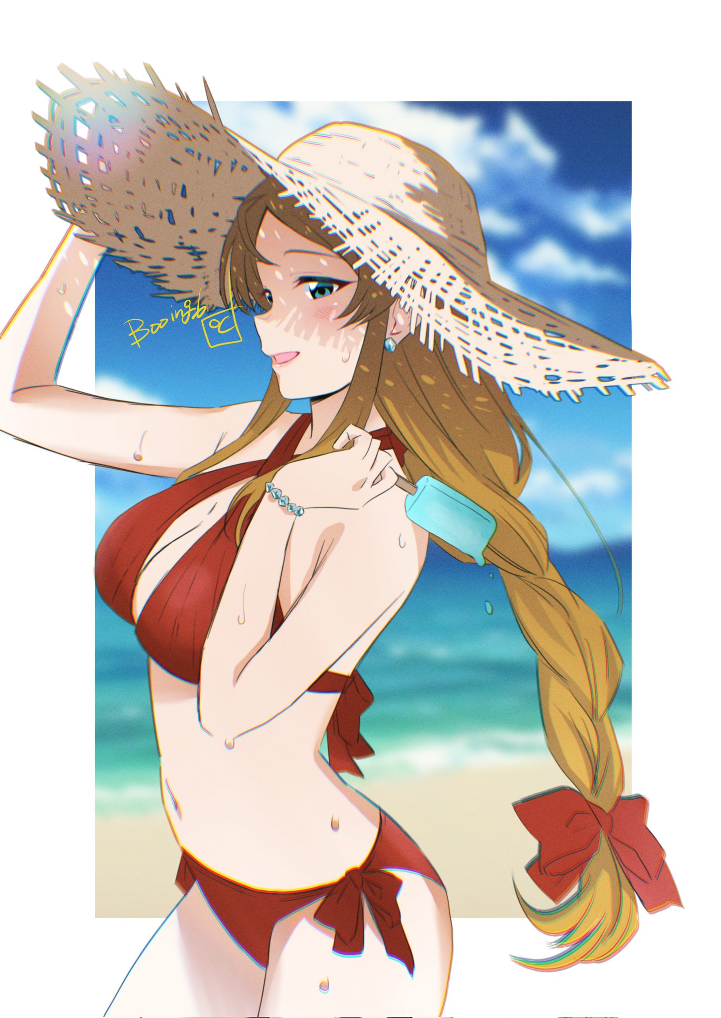 booing6, shinomiya karen, idolmaster, idolmaster million live!, idolmaster million live! theater days, highres, 1girl, adjusting clothes, adjusting headwear, alternate hairstyle, aqua eyes, beach, bikini, blonde hair, blue sky, blurry, blush, border, braid, breasts, chromatic aberration, cleavage, cloud, cowboy shot, criss-cross straps, day, earrings, eyelashes, food, hair ribbon, hat, holding, holding food, holding popsicle, jewelry, large breasts, light blush, long hair, melting popsicle, midriff, navel, ocean, open mouth, outside border, parted bangs, popsicle, red bikini, ribbon, side-tie bikini bottom, signature, single braid, sky, smile, solo, straw hat, sun hat, sweat, swimsuit, very long hair, white border