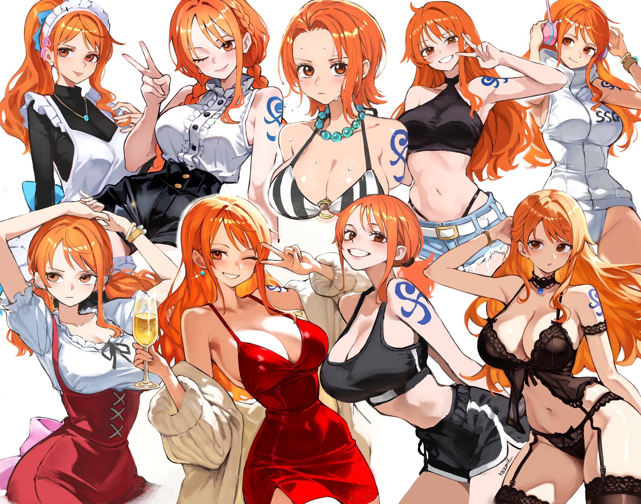 kasumi 6, nami (one piece), one piece, one piece: strong world, commentary, english commentary, highres, 1girl, alternate costume, apron, arms up, back bow, bangle, bare shoulders, bead necklace, beads, belt, belt buckle, bikini, black choker, black dress, black panties, black shorts, black sports bra, black thighhighs, blue bow, blue ribbon, blush, bow, bracelet, braid, breasts, brown eyes, buckle, choker, cleavage, coat, collared shirt, cowboy shot, crop top, cup, denim, dirndl, dolphin shorts, dress, earrings, frayed shorts, frilled shirt, frills, garter straps, german clothes, grin, hair ribbon, halterneck, headphones, high ponytail, holding, holding cup, jewelry, large breasts, leotard, lingerie, log pose, long hair, looking at viewer, low twin braids, low twintails, maid, maid apron, maid headdress, midriff, multiple views, navel, necklace, official alternate costume, one eye closed, orange hair, panties, pearl earrings, pink bow, ponytail, red dress, red skirt, ribbon, shirt, short hair, short shorts, shorts, shoulder tattoo, single sidelock, skirt, smile, sports bra, stomach, swimsuit, tattoo, thighhighs, tongue, tongue out, twin braids, twintails, underwear, upper body, v, wavy hair, white apron, white coat, white leotard, white shirt