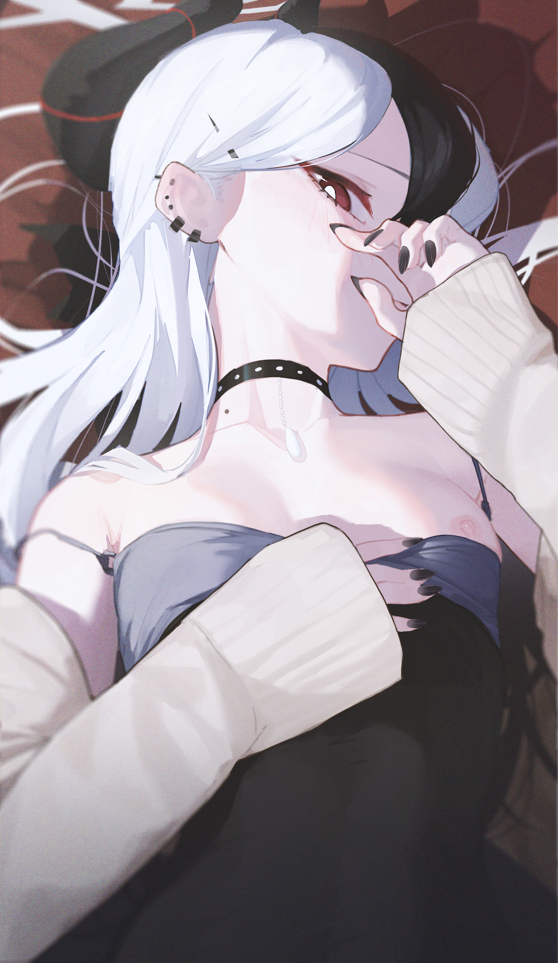 darah, kayoko (blue archive), kayoko (dress) (blue archive), blue archive, absurdres, commentary, commission, highres, pixiv commission, 1girl, bare shoulders, black choker, black dress, black hair, black horns, black nails, blush, breasts, bright pupils, cardigan, choker, closed mouth, clothes pull, demon girl, demon horns, dress, dress pull, ear piercing, eyelashes, grey halo, hair behind ear, hair between eyes, hair spread out, half updo, halo, hand on own chest, hand up, horns, looking at viewer, lying, multicolored hair, nail polish, nipples, no bra, official alternate costume, official alternate hairstyle, on back, open cardigan, open clothes, piercing, pulling own clothes, red background, red eyes, sideways glance, sleeveless, sleeveless dress, sleeves past wrists, small breasts, solo, strap slip, tsurime, two-tone hair, upper body, white hair, white pupils