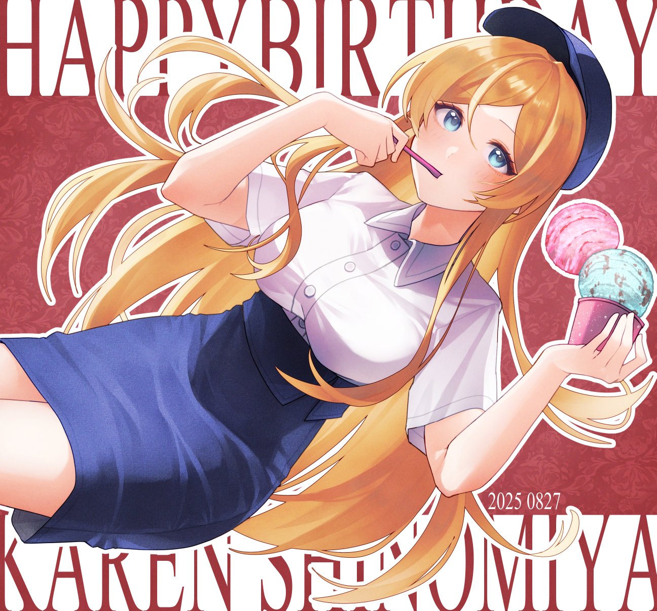 konnyaku kyuudai, shinomiya karen, idolmaster, idolmaster million live!, idolmaster million live! theater days, commentary, english commentary, highres, 1girl, aqua eyes, baseball cap, blonde hair, blue hat, blue skirt, blush, border, breasts, cup, dated, dress shirt, dutch angle, eating, eyelashes, eyeliner, floral background, food, happy birthday, hat, high-waist skirt, holding, holding spoon, ice cream, ice cream cup, ice cream spoon, large breasts, letterboxed, long hair, makeup, mint chocolate, outline, pencil skirt, red background, red eyeliner, shirt, short hair, skirt, solo, spoon, swept bangs, utensil in mouth, very long hair, white border, white outline, white shirt, wing collar