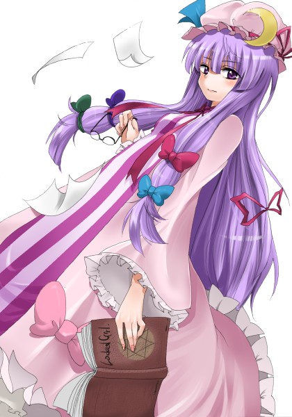 shie, shie (m417), patchouli knowledge, touhou, 1girl, book, bow, crescent, dutch angle, female focus, glasses, hat, long hair, papers, purple eyes, purple hair, solo, unworn eyewear