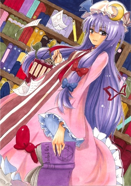 shie, shie (m417), patchouli knowledge, touhou, 1girl, book, female focus, library, solo, voile
