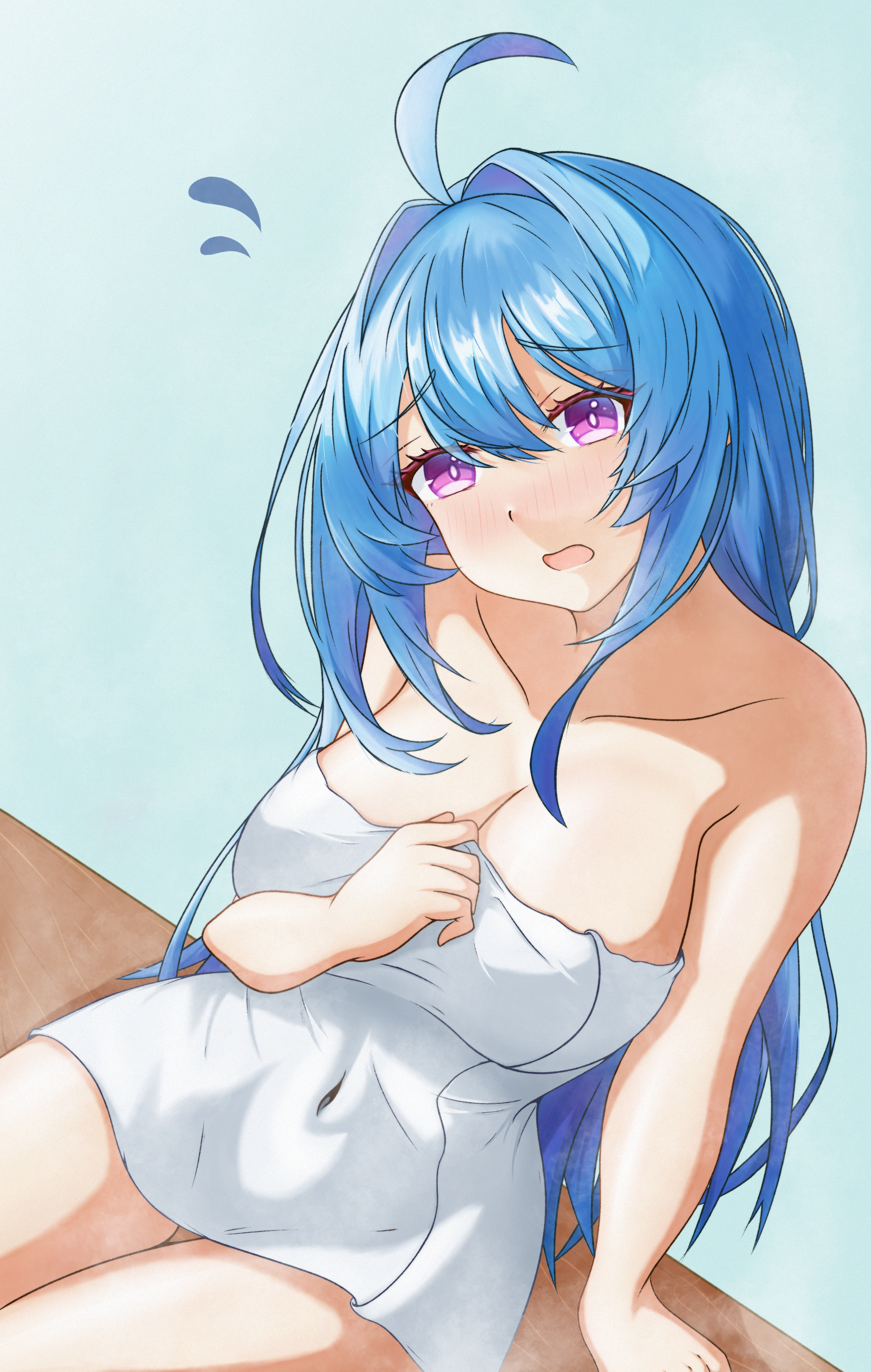 wororg, helena (azur lane), helena (basking in the cypress' warmth) (azur lane), azur lane, absurdres, commentary, english commentary, highres, 1girl, :o, blue hair, blush, breasts, cleavage, covered navel, embarrassed, from above, hair between eyes, long hair, looking at viewer, looking up, medium breasts, naked towel, open mouth, purple eyes, sitting, solo, thigh gap, thighs, towel, very long hair