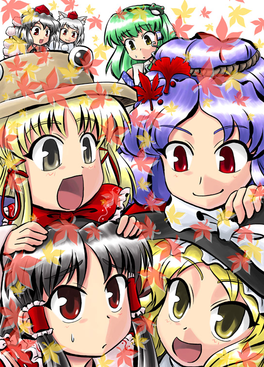 sasuke (sasuke no sato), hakurei reimu, inubashiri momiji, kirisame marisa, kochiya sanae, moriya suwako, shameimaru aya, yasaka kanako, touhou, 6+girls, :d, autumn leaves, black hair, blonde hair, blush, extra eyes, falling leaves, female focus, green hair, hair ribbon, hair tubes, hat, leaf, looking at viewer, multiple girls, open mouth, purple hair, red eyes, ribbon, short hair, sidelocks, smile, sweatdrop, tareme, tokin hat, white hair, witch hat