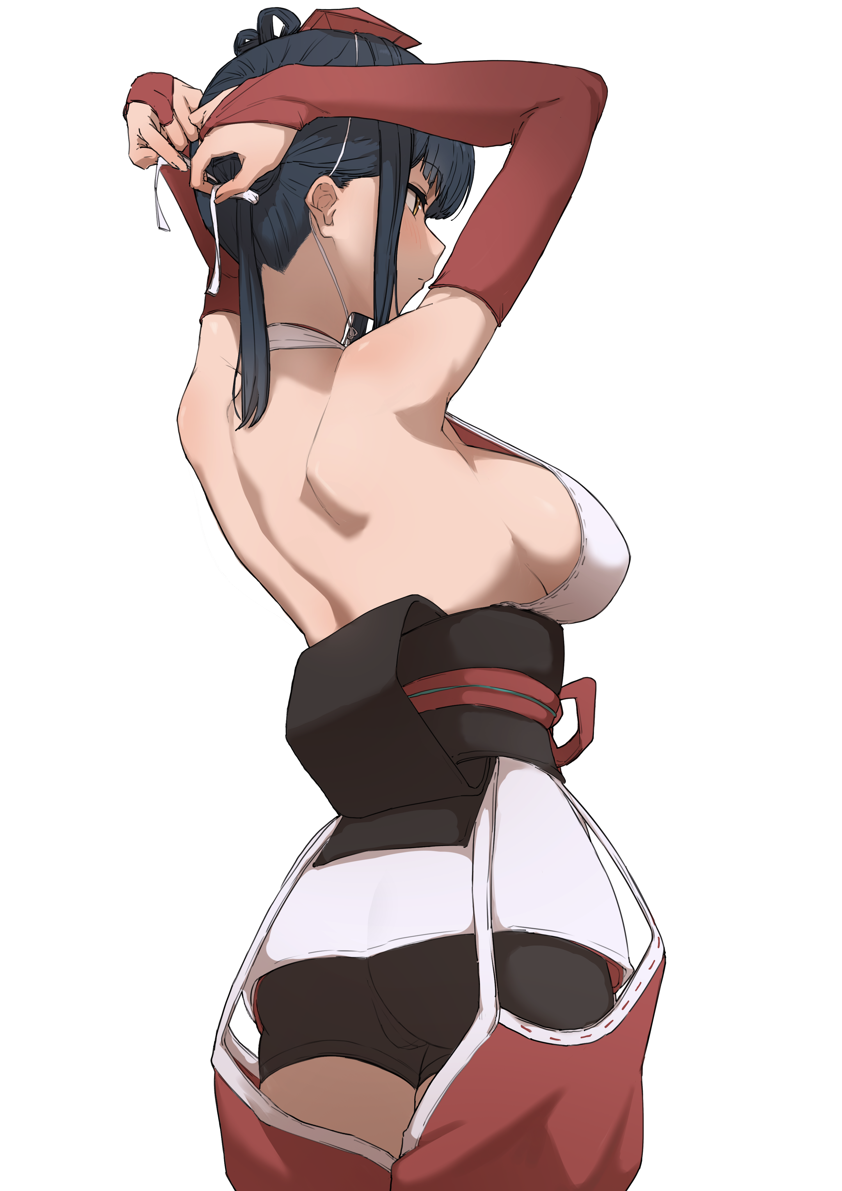 kaekae kaeru, yamagami karuta, nijisanji, absurdres, highres, 1girl, armpits, arms up, backless outfit, black hair, black shorts, breasts, hat, large breasts, long hair, looking to the side, obi, pants, red pants, sash, shorts, simple background, solo, tengu, tokin hat, white background