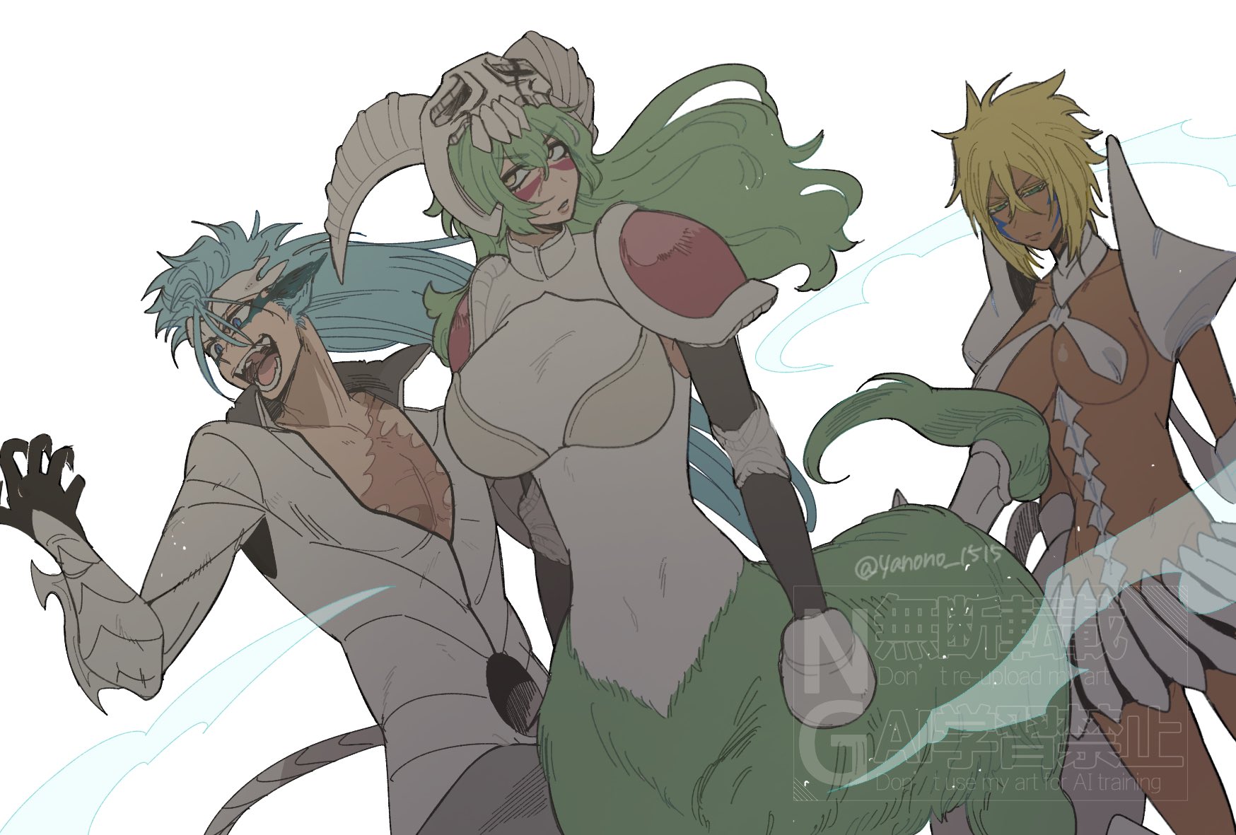 yanono 015, grimmjow jaegerjaquez, nelliel tu odelschwanck, tier harribel, bleach, 1boy, 2girls, blonde hair, blue eyes, blue hair, breasts, claws, collarbone, colored eyelashes, dark-skinned female, dark skin, espada, facial mark, green eyes, green hair, hollow hole, large breasts, long hair, mask, mask on head, multiple girls, pointy ears, scar, scar on chest, scar on face, sharp teeth, shoulder pads, simple background, skull on head, tail, teeth, white background