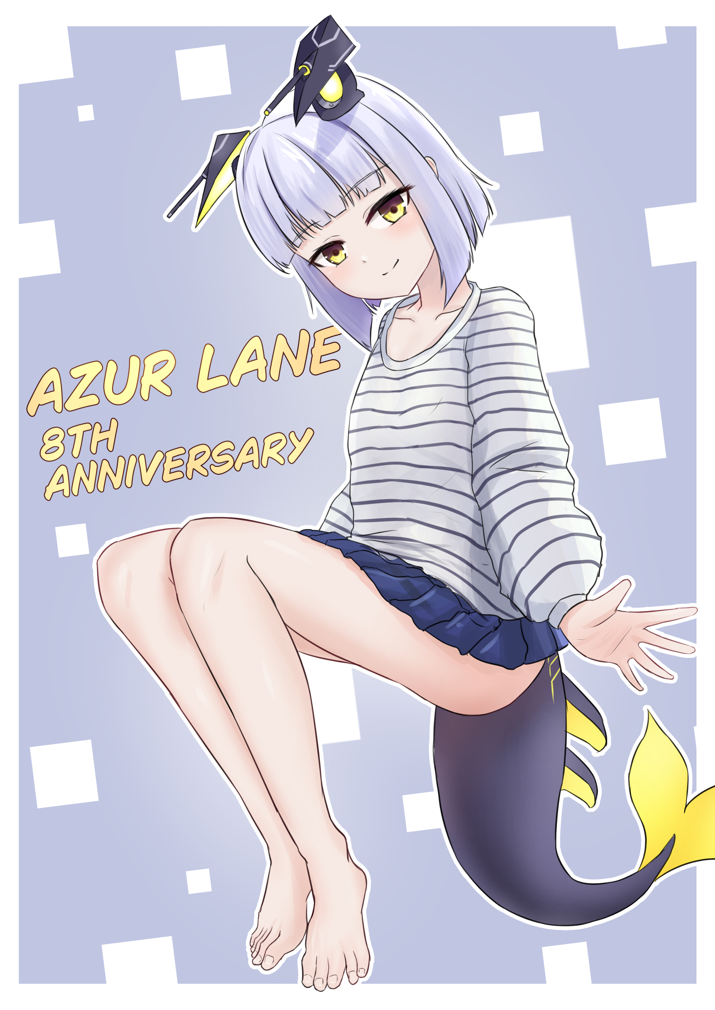 matsunaga maguro, explorer (azur lane), siren (azur lane), azur lane, absurdres, commentary request, highres, 1girl, anniversary, bare legs, blue skirt, blush, breasts, copyright name, fins, fish tail, from below, from side, full body, headgear, looking at viewer, looking down, medium hair, pleated skirt, purple hair, rigging, ship turret, shirt, skirt, small breasts, smile, solo, striped clothes, striped shirt, tail, white hair, yellow eyes