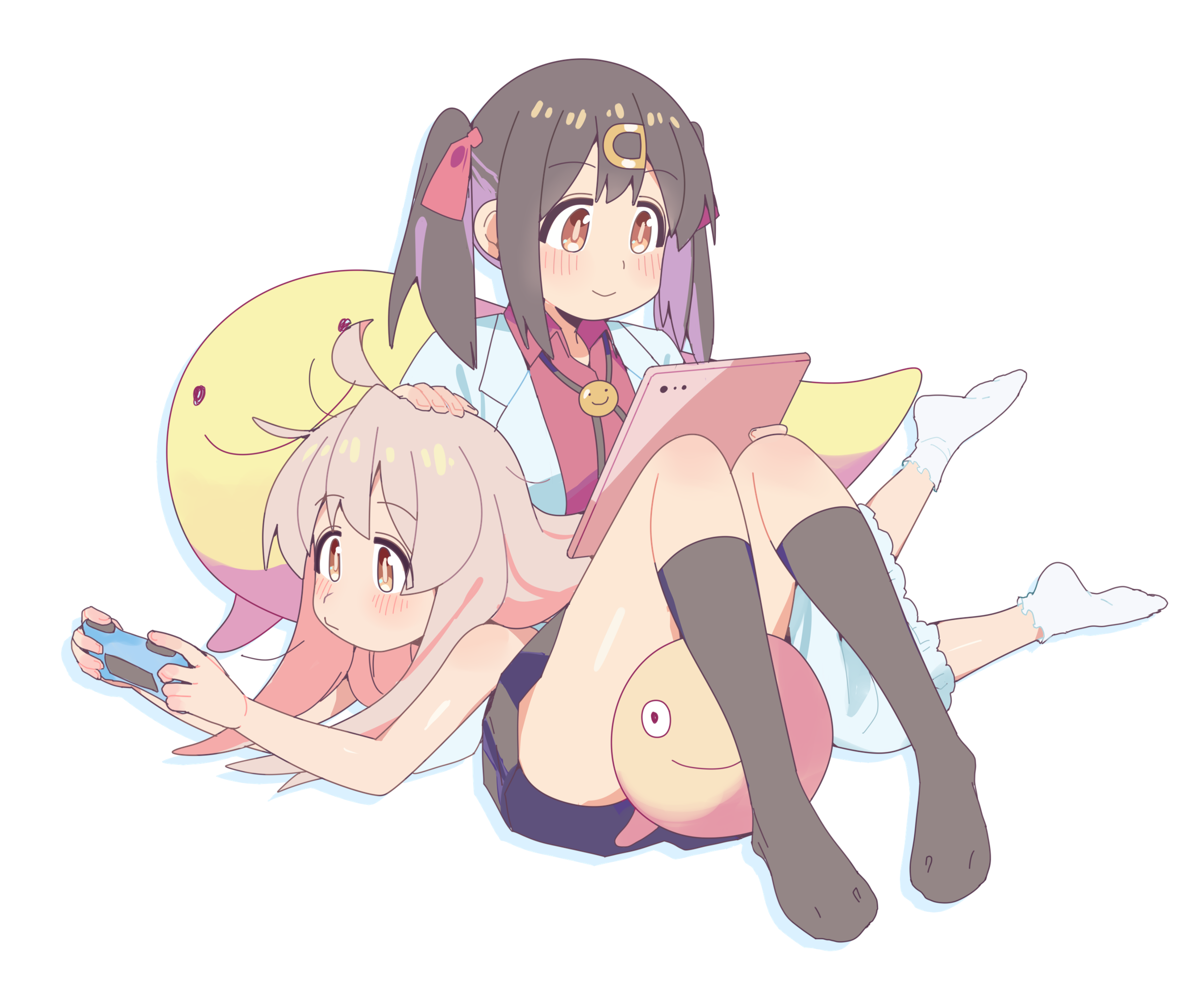 karubi (karubi465558), oyama mahiro, oyama mihari, onii-chan wa oshimai!, commentary request, highres, 2girls, ahoge, bare arms, bare legs, bare shoulders, black hair, black skirt, black socks, bolo tie, brown eyes, controller, dress, game controller, hair ornament, hair ribbon, hairclip, hand on another's head, holding, holding controller, holding game controller, kneehighs, lab coat, light blush, long hair, lying on lap, multicolored hair, multiple girls, pink hair, purple hair, red ribbon, red shirt, ribbon, shirt, siblings, simple background, sisters, sitting, skirt, sleeveless, sleeveless dress, smile, socks, tablet pc, twintails, two-tone hair, white background, white dress, white socks