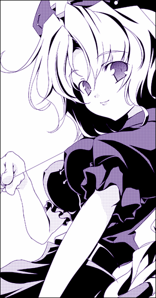 yagokoro eirin, touhou, 1girl, breasts, closed mouth, cross, dress, female focus, from side, hair between eyes, hand up, hat, holding, long hair, looking at viewer, looking to the side, medium breasts, monochrome, nurse cap, parted bangs, puffy short sleeves, puffy sleeves, purple theme, short sleeves, simple background, smile, solo, tareme, upper body, white background