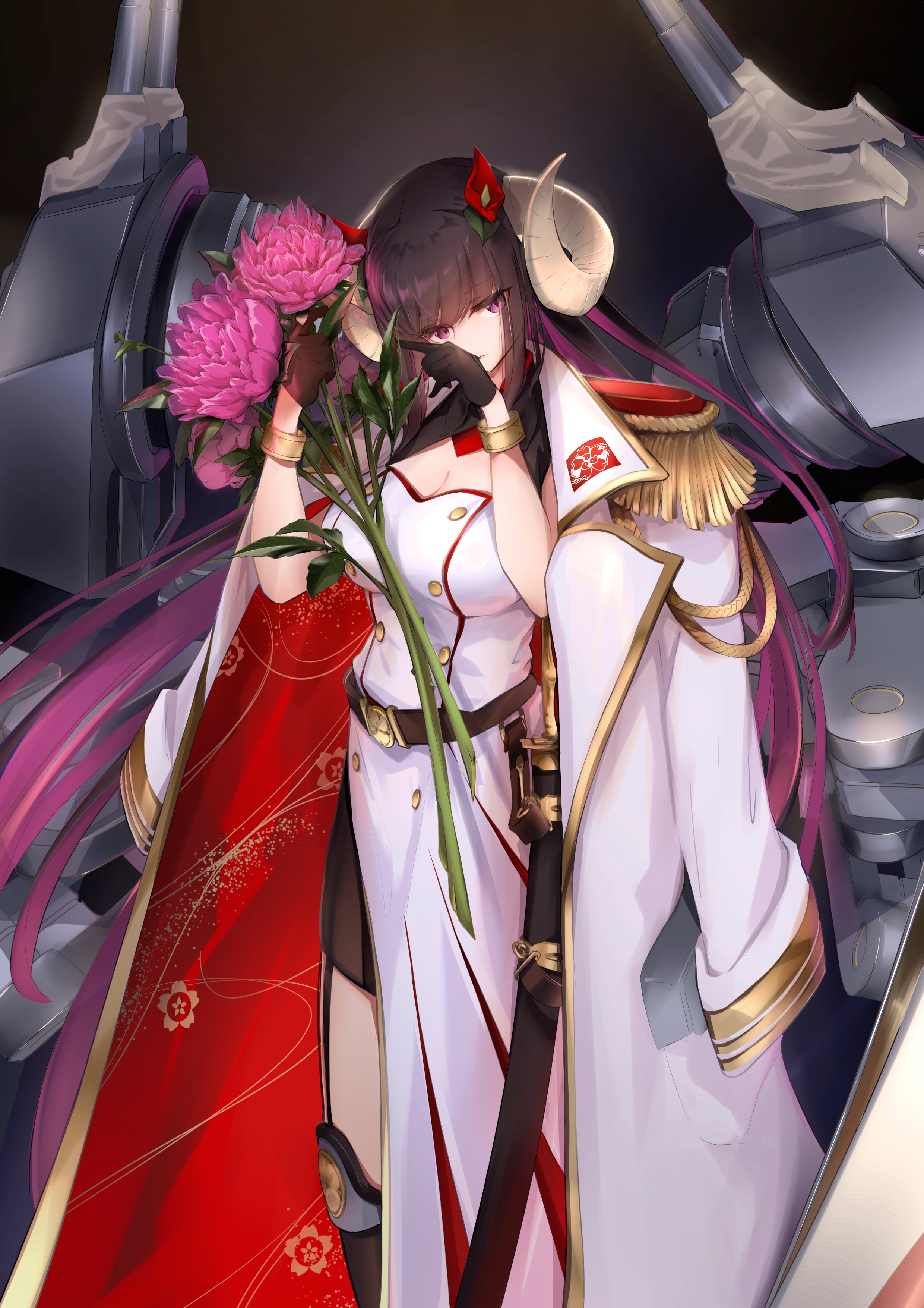 satsukitou, suruga (azur lane), azur lane, absurdres, commentary request, highres, 1girl, aiguillette, asymmetrical dress, belt, bouquet, breasts, brown belt, brown gloves, brown hair, buttons, cleavage, coat, coat on shoulders, colored inner hair, curled horns, double-breasted, dress, epaulettes, flower, gloves, gold trim, half gloves, holding, holding bouquet, horns, large breasts, long hair, long sleeves, multicolored hair, open clothes, open coat, pink flower, pink hair, purple eyes, red flower, rigging, sakura empire (emblem), ship turret, solo, two-tone hair, very long hair, white coat, white dress