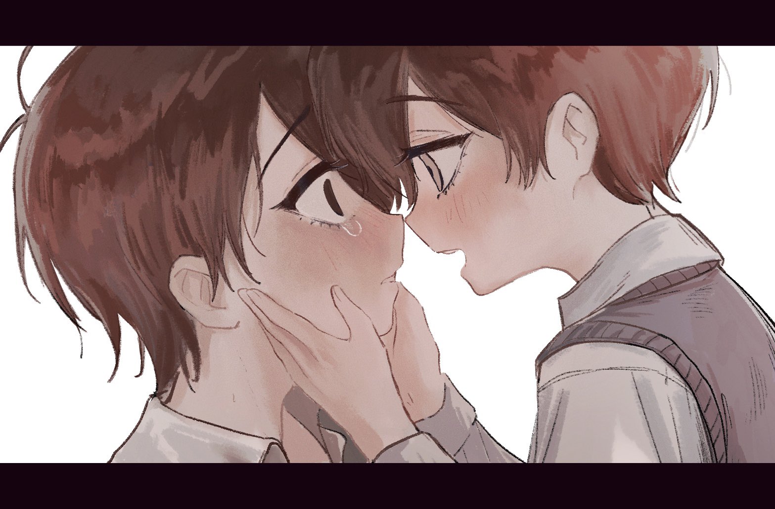 omorivv, omori (omori), sunny (omori), omori, commentary request, 2boys, :d, alternate skin color, alternate sleeve length, antenna hair, black eyes, black hair, blush, collared shirt, crying, crying with eyes open, dual persona, empty eyes, eye contact, face-to-face, film grain, fingernails, from side, grey eyes, grey sweater vest, hair between eyes, hands on another's cheeks, hands on another's face, hands up, looking at another, male focus, multiple boys, no pupils, official alternate eye color, open mouth, parted lips, portrait, profile, shirt, short hair, simple background, smile, sweater vest, tears, teeth, upper teeth only, very short hair, white background, white shirt, wide-eyed